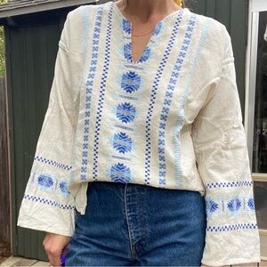 Boho Embroidered V-Neck Cotton Top in Cream and Blue